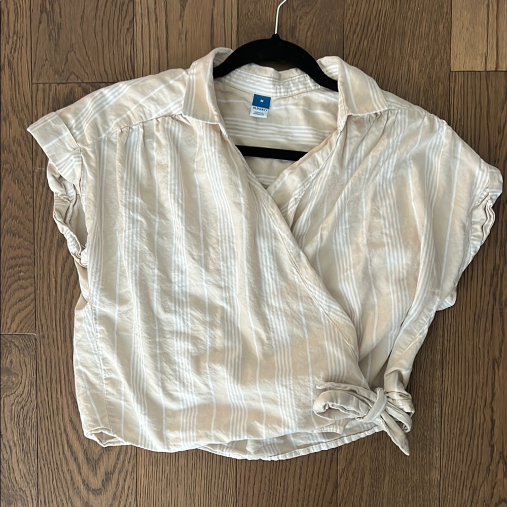 Old Navy Cream Blouse with Notched Collar and Wrap Tie